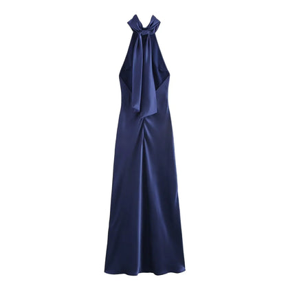 Dress for Women Fashion 2024 Autumn New Bow Sexy Backless French Elegant Halter Neck Satin Texture Midi Dresses