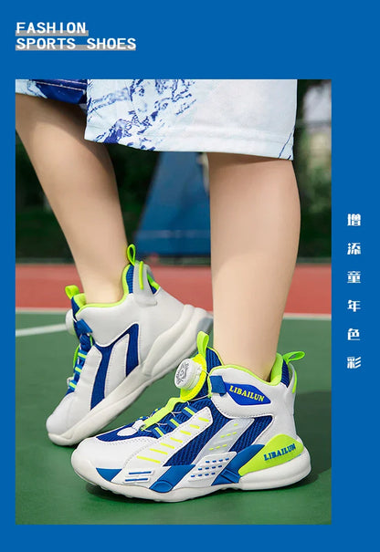 New Children Basketball Shoes Swivel Button Boys Fashion Sneakers Girls School Sport Shoes Kids Casual Trainers Outdoor Shoes