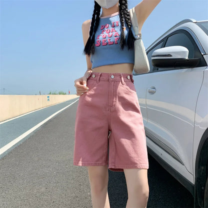 Summer New Korea Fashion Loose Women Jeans Shorts Purple Pink High Waist Straight Pockets Female Wide Short Pants