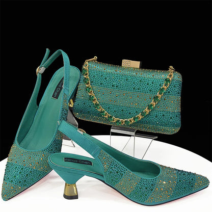 High Heels Shoes for Women Embroidery Rhinestone Italian Design Gold Color Pointed Toe Shoes and Bags Set Fashio