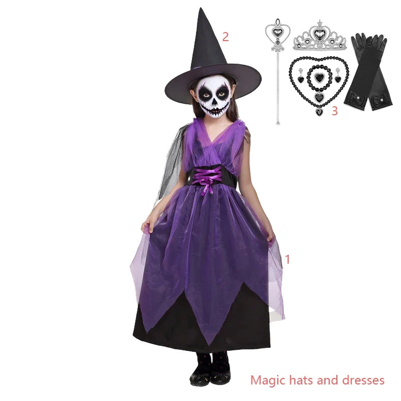 Kids Witch Halloween Costume Witch Cosplay Dress and Magic Hat Set Carnival Party Clothes for Girls Gothic Vampire Costume