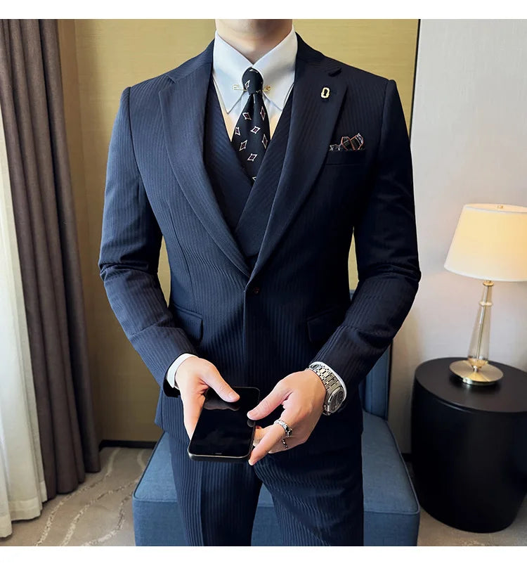 Luxury Stripe Men Suit Korean Version Fashion Elegant Slim Fit Tuxedo Formal Groom Wedding Social Suits