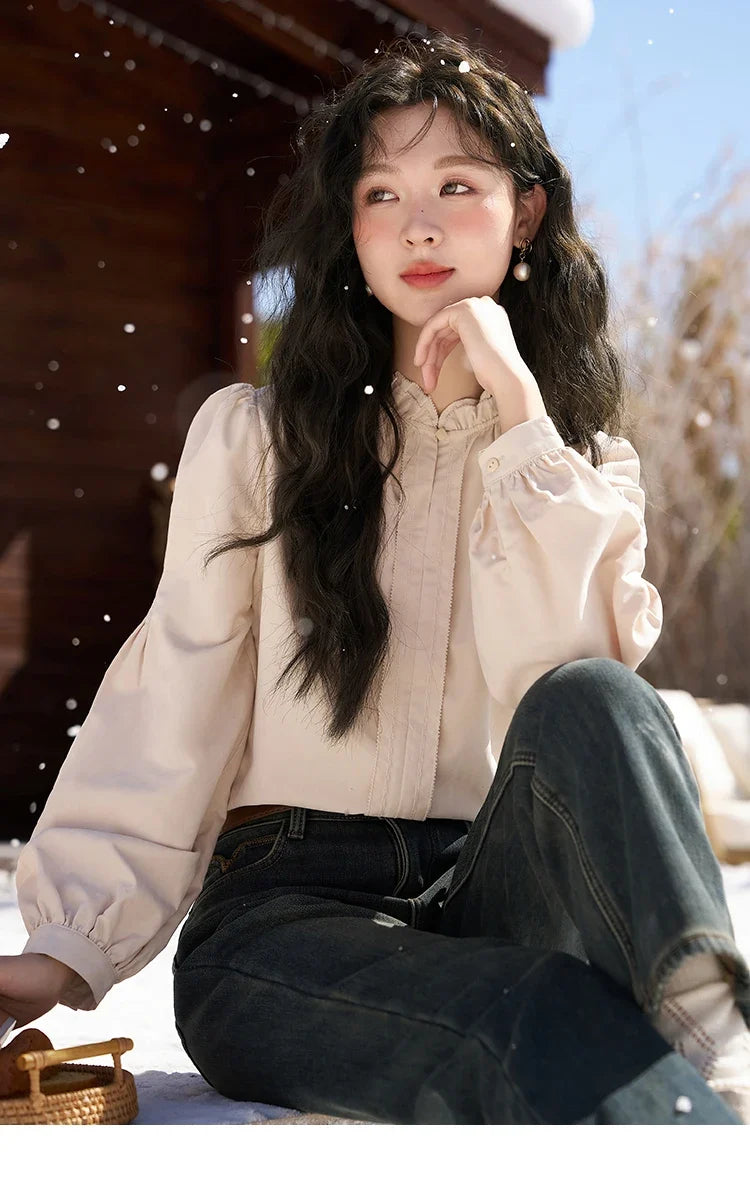 French Autumn Winter Button Up Lantern Long Sleeve Shirts Women Ruffle Neck Thick Warm Blouse Flannel Shirt MXC56X1320