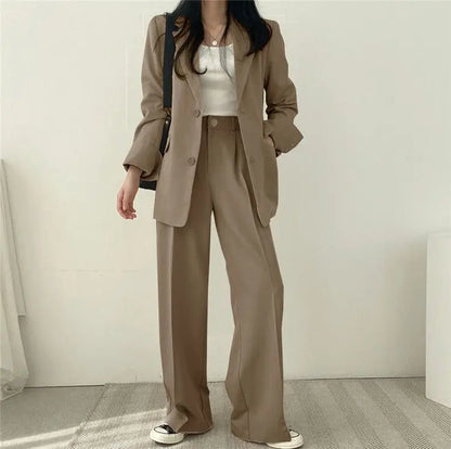 Casual Notch Lapel Suit Set with Button Thick Wide Leg Small Suit Pants High Waist Drape Polyester Business Lady Style Women