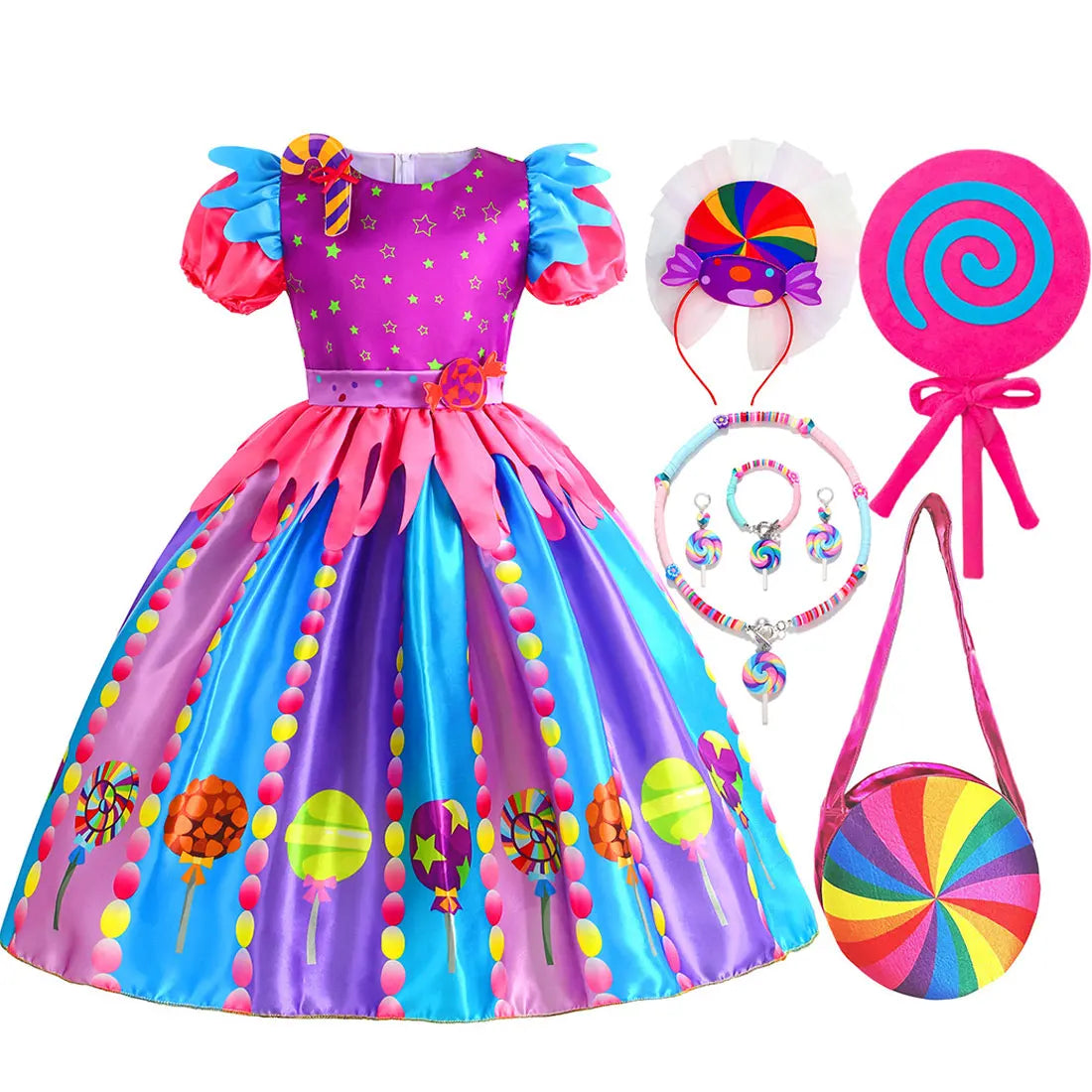 2025 Purim Festival Suspender Rainbow Dress For Girl Candy Lollipop Costume Party Gift Candy Dress + Lollipop Accessories Suit