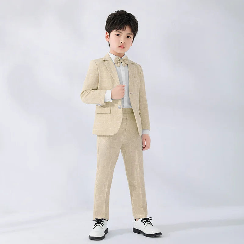 Boys Suit Wedding Ring Bearer Outfit Kids Suit Set Plaid Striped Blazer Suit Pants Bow Tie Pink Suit 2-14Years