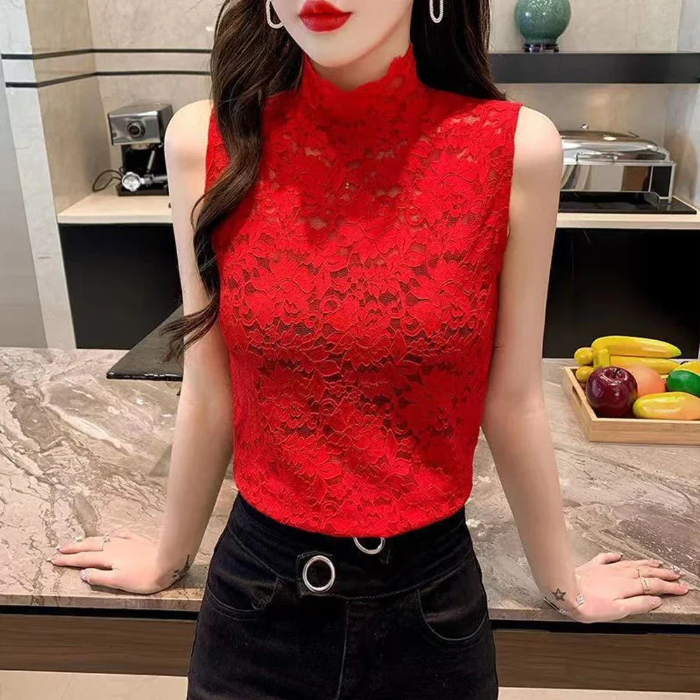 Elegant Women's Floral Lace Tank Tops T Shirt With Elastic Sleeveless Red Black White S-XL Stretch Rose Lace Camisole For Girls