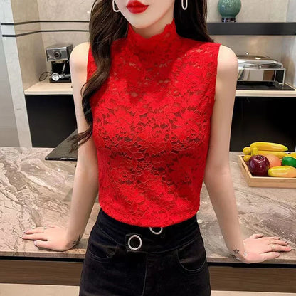 Elegant Women's Floral Lace Tank Tops T Shirt With Elastic Sleeveless Red Black White S-XL Stretch Rose Lace Camisole For Girls