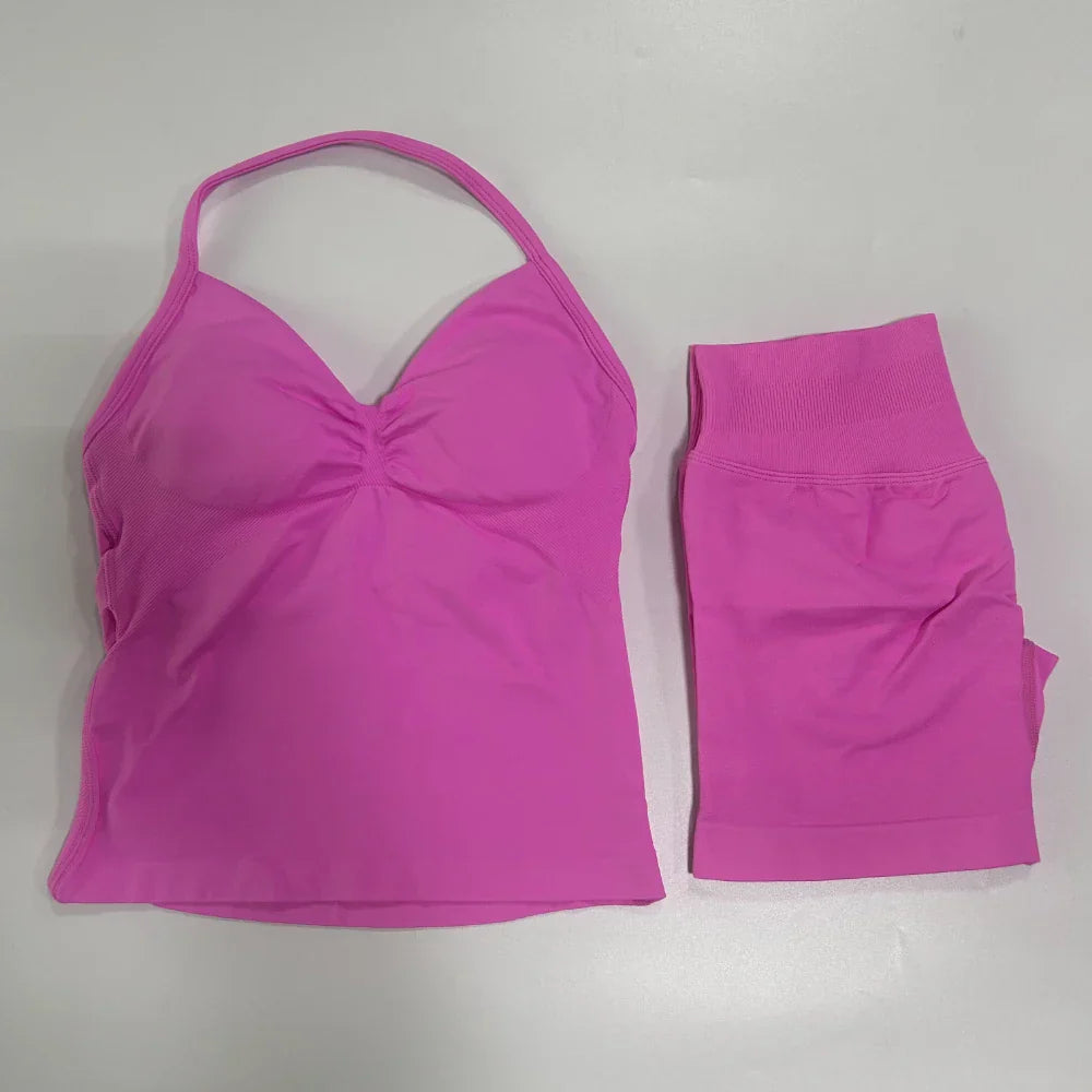 No Logo 2 Pieces Sports Set Workout Clothes Shorts Sets Gym Strappy Top Scrunch Shorts Yoga Clothing Gym Set