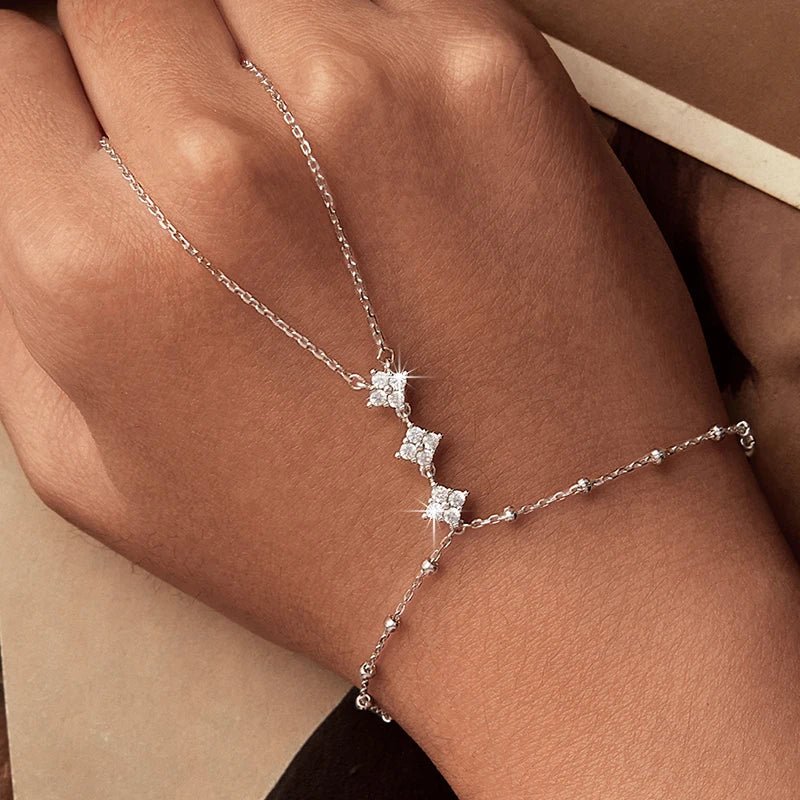 925 Sterling Silver Hand Chains Bracelet Dainty Four-leaf Clover CZ Bracelet Ring Chain for Women Summer Body Jewelry Set