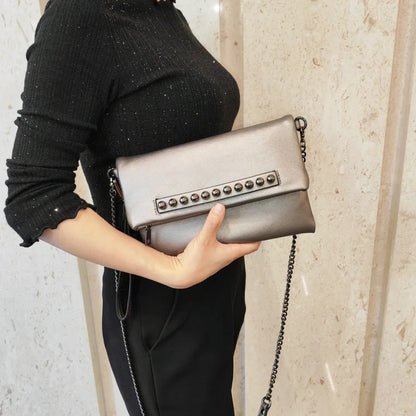 Folding design women Clutch Fashion rivets PU Leather Ladies Crossbody Bag chain Female Shoulder bag Clutches black wallet