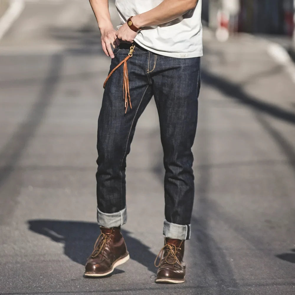 Men's 14oz Raw Selvedge Denim Jeans Vintage Straight Fit Horsehide Leather Patch Paris Buckle Jeans for Autumn and Winter