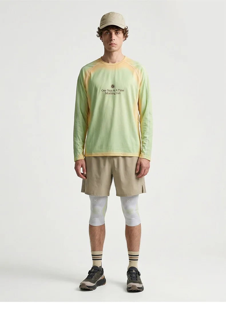 Men's Outdoor Running Long Sleeve T-Shirt Gradient Color Digital Print Quick Dry Breathable Sports Top Unisex