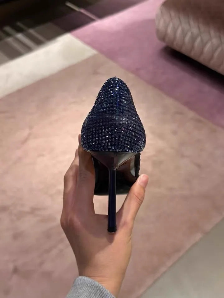 New mesh rhinestone pointed thin heel high heels for women, shallow mouth single shoes, sexy spicy sandals