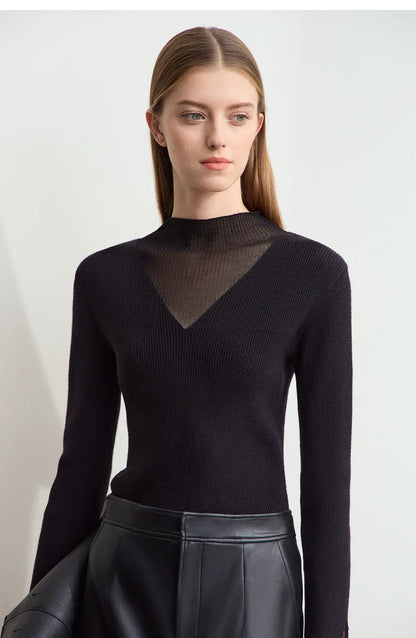 Minimalist Women's Turtleneck Slim Sweater 2025 Autumn Collection Sheer Panel Versatile Elegant Base Layer Top 12444241