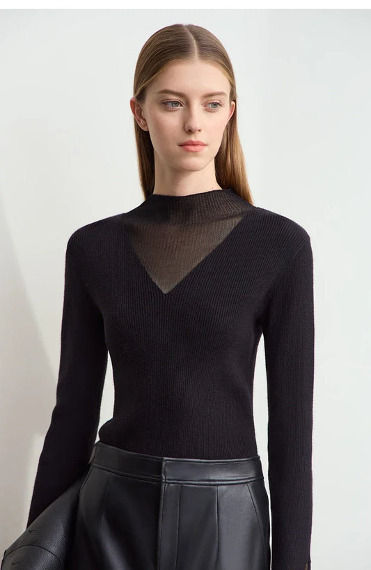 Minimalist Women's Turtleneck Slim Sweater 2025 Autumn Collection Sheer Panel Versatile Elegant Base Layer Top 12444241