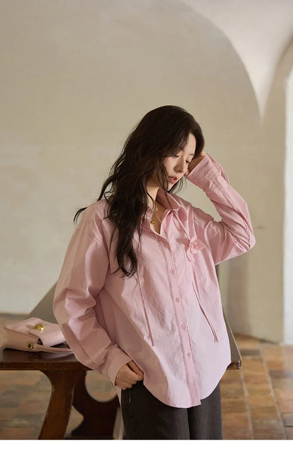 100% Cotton Shirt For Women Autumn 2025 New Fashion Petal Ribbon Button Long Sleeves Shirt Women's Clothing MXE41C2349