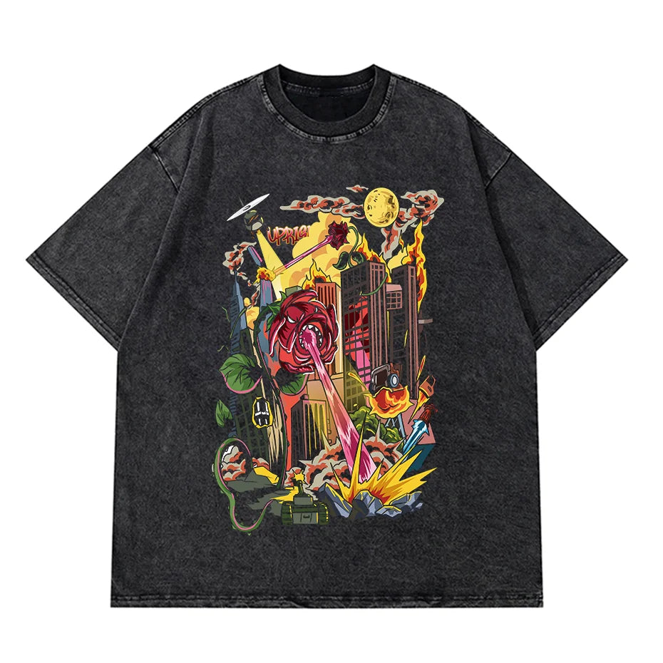 Anime Pain Printed T Shirt Men Retro Washed 100% Cotton Tops Tees Harajuku Tshirt 2023 Streetwear Hip Hop Male T-shirts