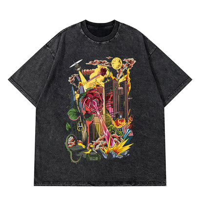 Anime Pain Printed T Shirt Men Retro Washed 100% Cotton Tops Tees Harajuku Tshirt 2023 Streetwear Hip Hop Male T-shirts