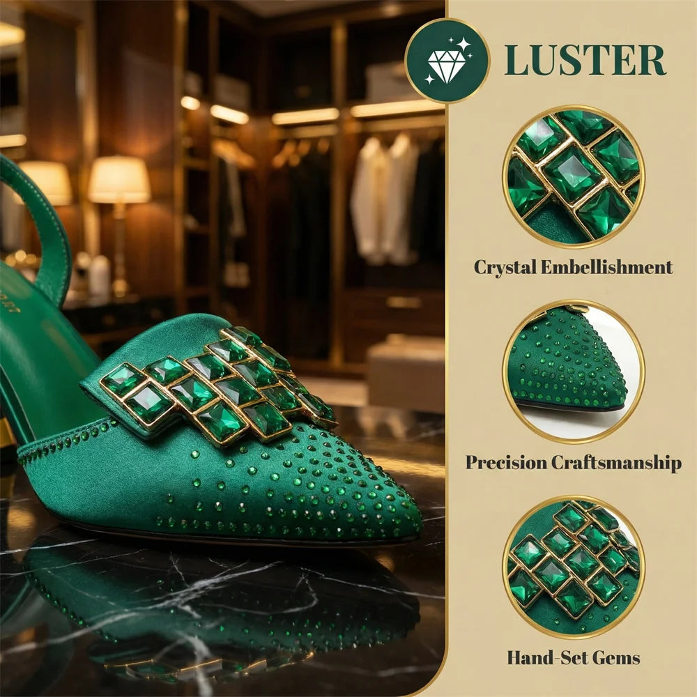 Women’s Green Rhinestone High Heel Shoes with Matching Bag - Stylish Pointed-Toe Footwear for Parties and Special Occasions