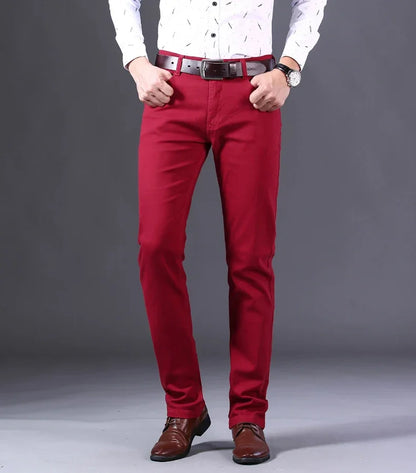 Brand Classic Style Men's Wine Red Jeans Fashion Business Casual Straight Denim Stretch Trousers Male Denim Pants Korean reviews
