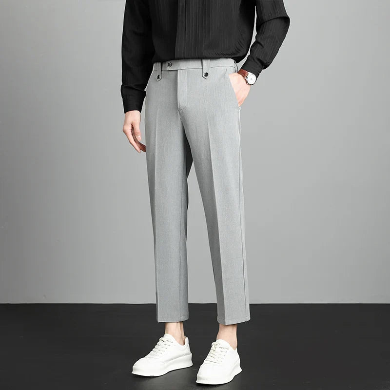 Brand High Quality Business Suit Ankle Length Pants Men Grey Khaki Waist Design Work Office Formal Long Trousers Male