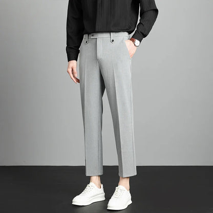Brand High Quality Business Suit Ankle Length Pants Men Grey Khaki Waist Design Work Office Formal Long Trousers Male