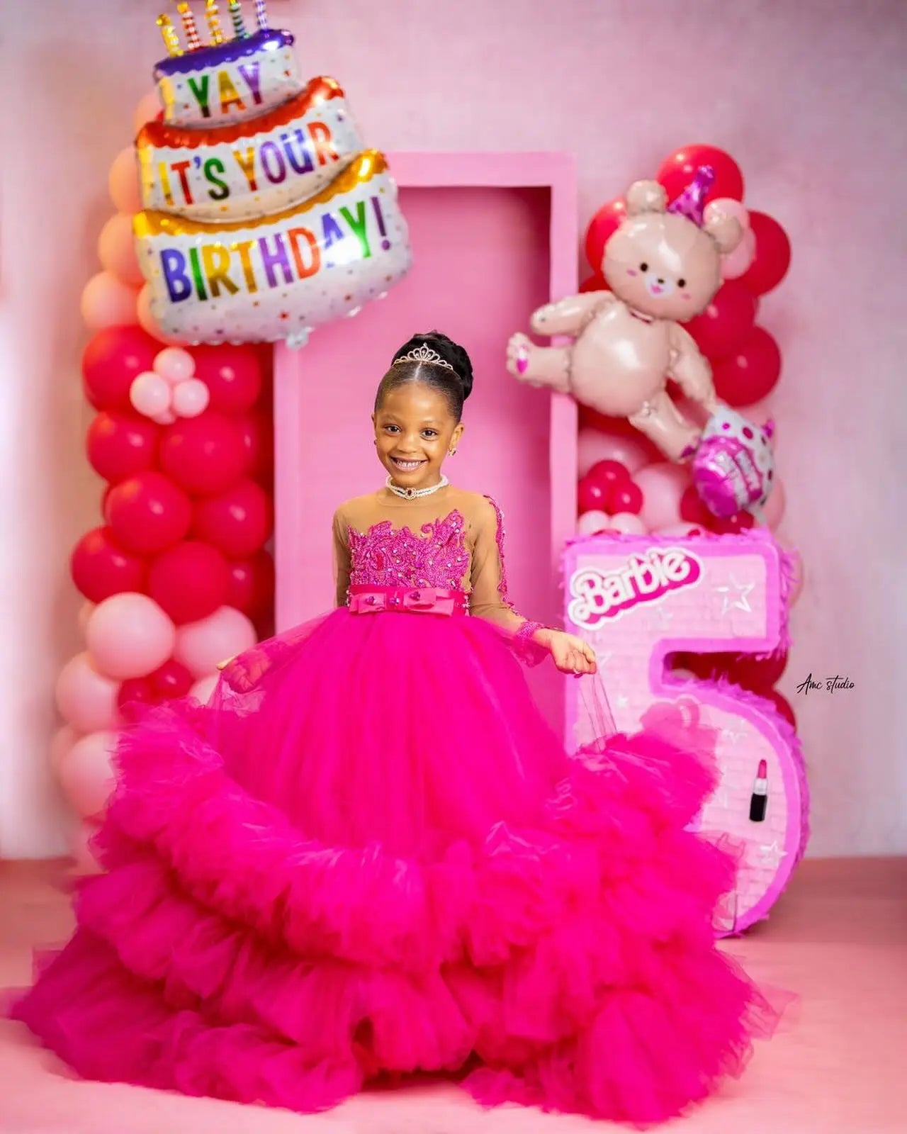 Fuchsia Princess Girls Birthday Party Dress Tiered Ruffles Long Sleeve Flower Girl Dresses for Wedding Kids Prom Gown Customized