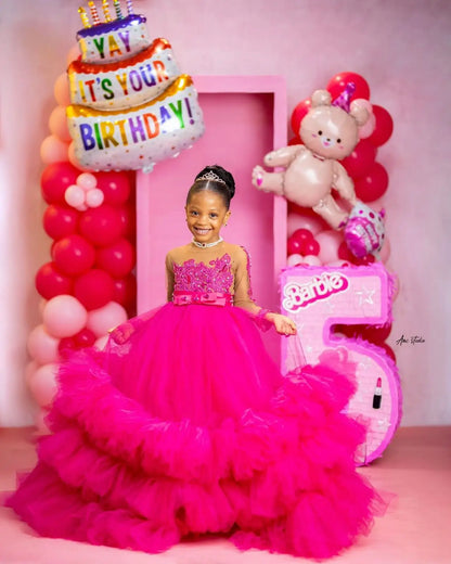 Fuchsia Princess Girls Birthday Party Dress Tiered Ruffles Long Sleeve Flower Girl Dresses for Wedding Kids Prom Gown Customized