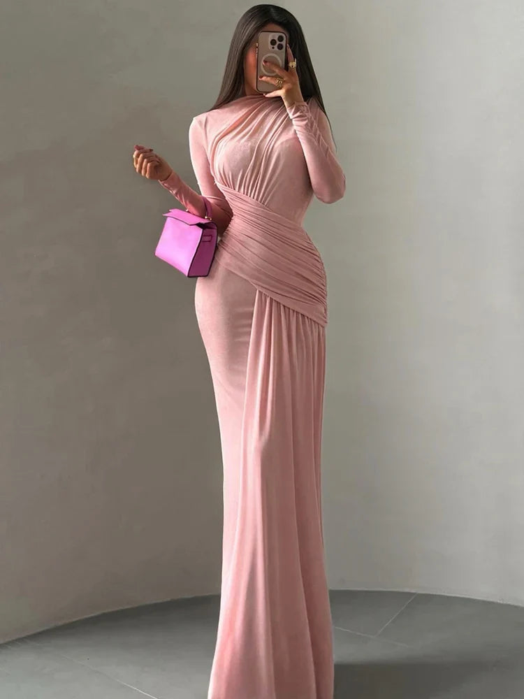 Folds Maxi Dress Women O-Neck Full Sleeve Solid Banquet Elegant Vacation Fashion Autumn Skinny Casual Simple Vestido
