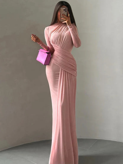 Folds Maxi Dress Women O-Neck Full Sleeve Solid Banquet Elegant Vacation Fashion Autumn Skinny Casual Simple Vestido