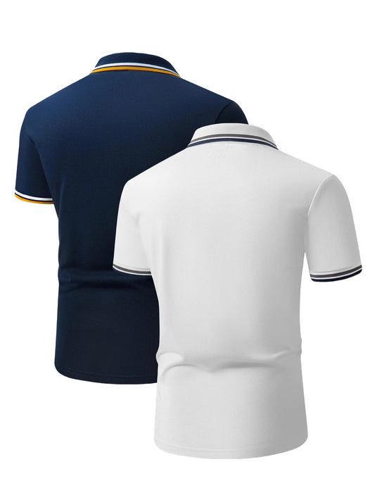 2pcs Men's Short-Sleeve Shirts with Contrast Collars - Lightweight Polyester, Pastel Blue & Pink, Turn- Collar, Button Closure,