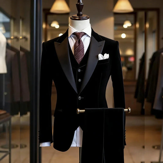 Men's Black Velvet 3-piece Tuxedo Suit With Satin Lapel Groom Wedding Attire Formal Dinner Prom Banquet Blazer Vest Pants Set