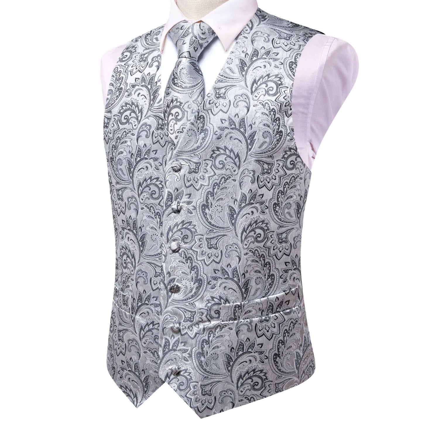 Silver Grey Paisley Floral Waistcoat Accessory Kit Tie Pocket Square Cufflinks For Bridal Shower Anniversary Dinner