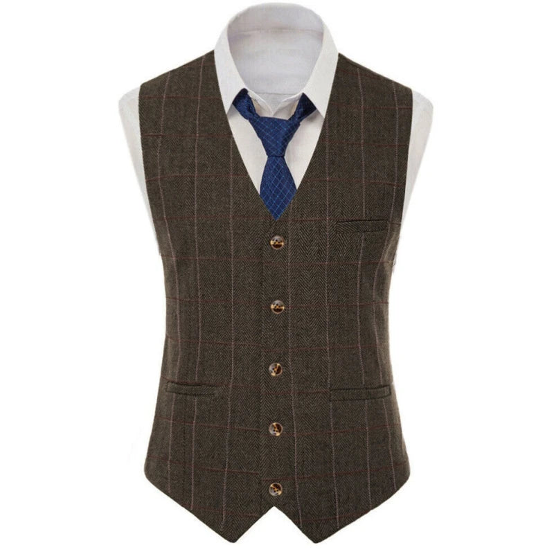 Men Vest Brown Checkered Vintage Slim Fit Jacket Wedding Groom Banquet Business Temperament Men Suit Vest