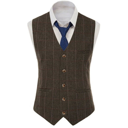 Men Vest Brown Checkered Vintage Slim Fit Jacket Wedding Groom Banquet Business Temperament Men Suit Vest