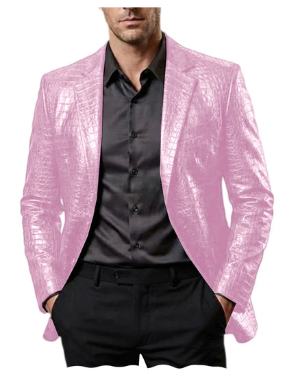 Men Crocodile Texture Leather Blazer Notched Lapel Slim Fit Single Breasted Suit Jacket Nightclub Party Business Outer Coat