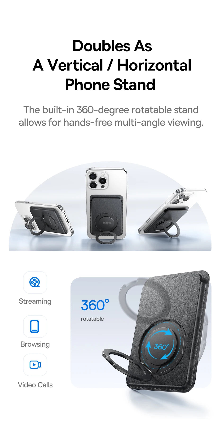 Magnetic Wallet Card Holder for iPhone 17 MagSafe PU Leather Phone Case with 360° Rotating Stand Bank ID Card Cover Case