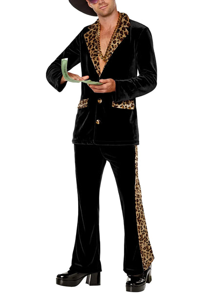 Luxury Men's Velvet Suit Notch Lapel Jacket Leopard Print Patchwork Trim Wide Leg Flare Trousers Tuxedo Cosplay Prom Event