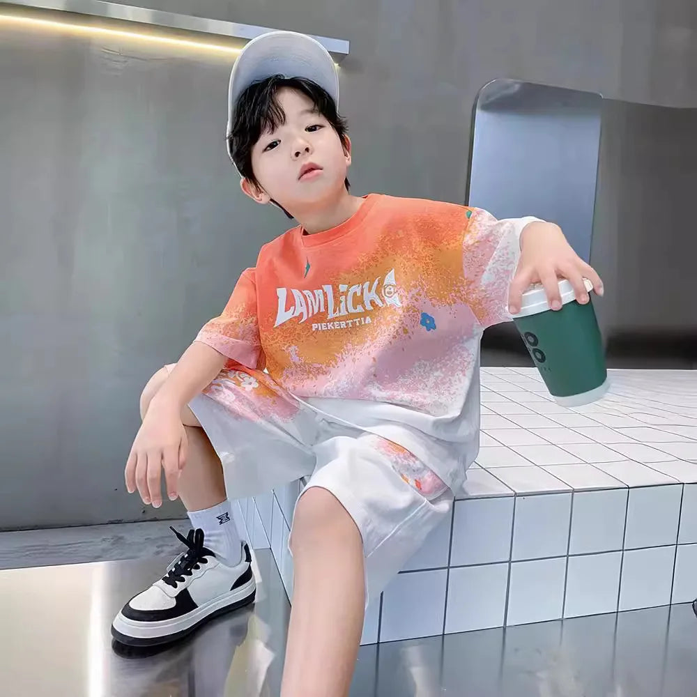 Summer Boys Tie Dye Gradient Alphabet T-Shirt Tops+Shorts Pant Workout Sets School Kids 2PCS Tracksuit Children Outfits 5-16 Yr