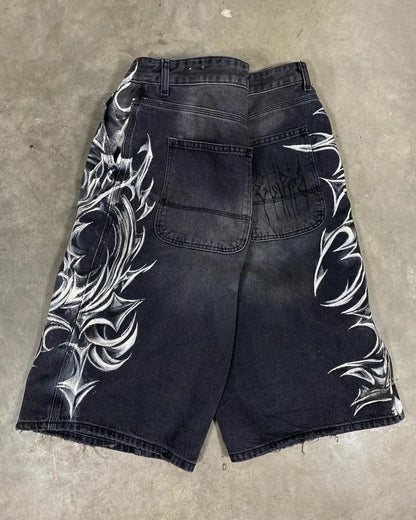 American Retro Gothic Halloween Geometry Graffiti Print Denim Shorts Men Women Y2k Low Waist Baggy Knee Length Jeans Jorts Short