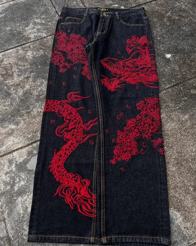 Japanese Harajuku Jeans Mens New Dragon High Quality Jeans Gothic Y2K Vintage Hip Hop Streetwear Denim Fabric Wide Leg Pants