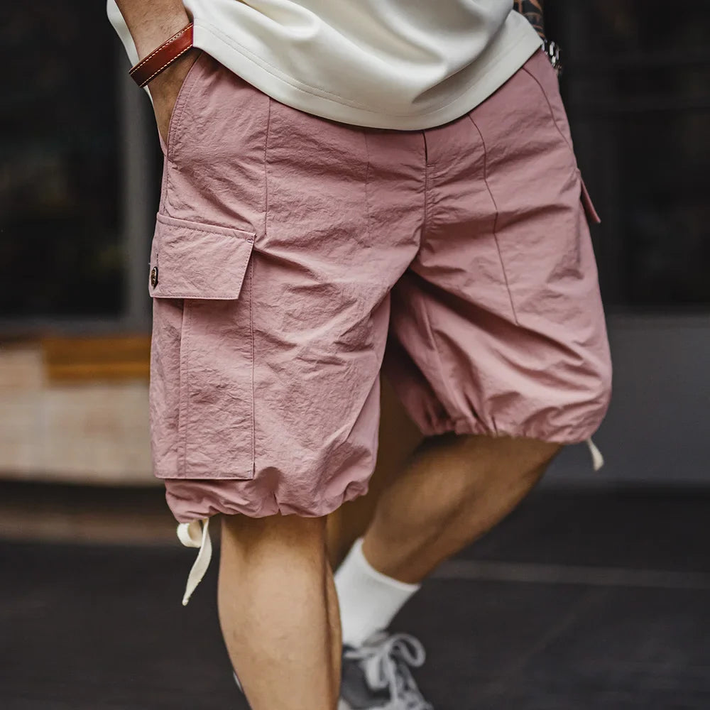 Outdoor Quick-Dry Pink Cargo Shorts Men's Summer Lightweight Woven Elastic Waist Shorts Loose Straight Bottoms for Sports