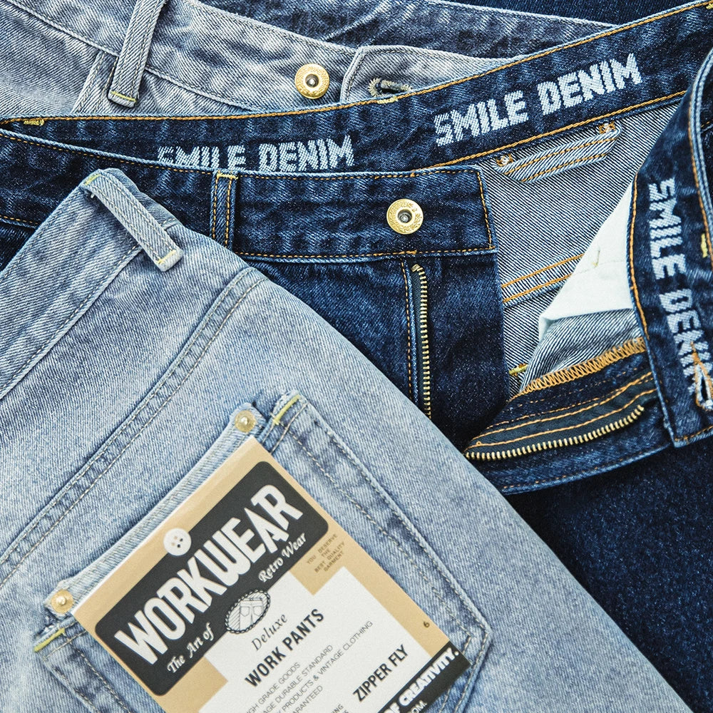 Men Vintage Washed Denim Jeans 12.8 OZ Straight Dark Blue Loose Casual Wide Leg Pants Male Streetwear Blue Jeans Trousers