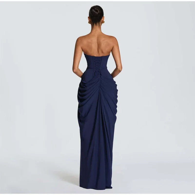 Women Strapless Pleated Long Dress Elegant Solid Split Sleeveless Backless High Waist Slim Fit Maxi Dresses 2026 Lady Party Robe