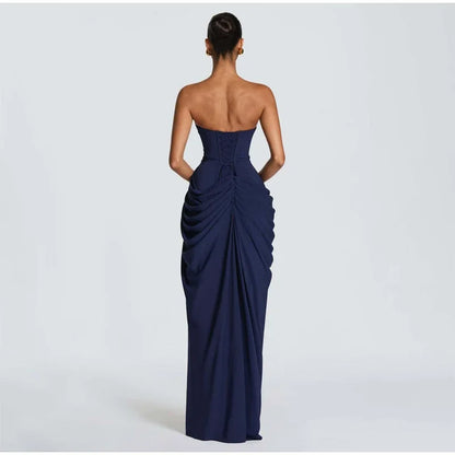 Women Strapless Pleated Long Dress Elegant Solid Split Sleeveless Backless High Waist Slim Fit Maxi Dresses 2026 Lady Party Robe