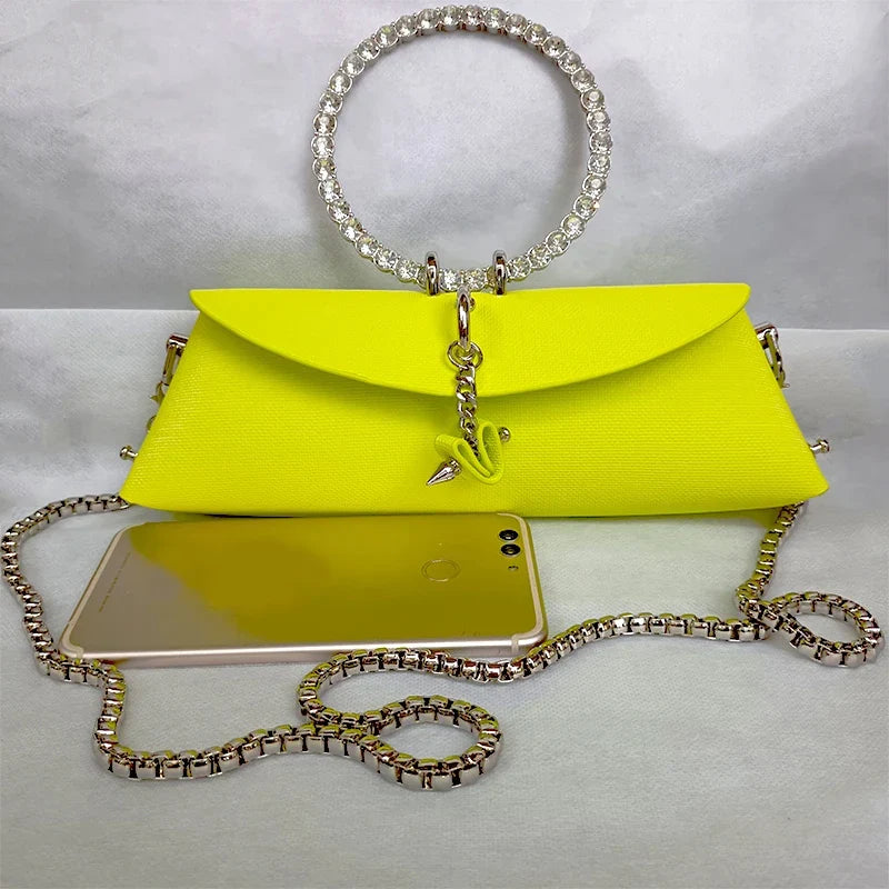 Clutch Bag Luxury Designer Handbag for Women 2025 with Chain Metal Ring Handle PU Leather Rhinestones Purses Shoulder Bag
