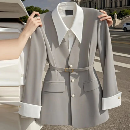 Women's Suit Coat 2025 Spring Autumn Advanced Popular Ladies  Blazer Jacket Casual Fake Two Items Temperament Lady Outerwear