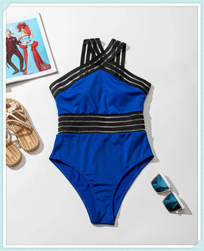 Solid Mesh Tape Swimsuit 2026 One Piece Sexy High Neck Swimwear Women Cross Front Bathing Suit Female Padded Beachwear Bodysuit