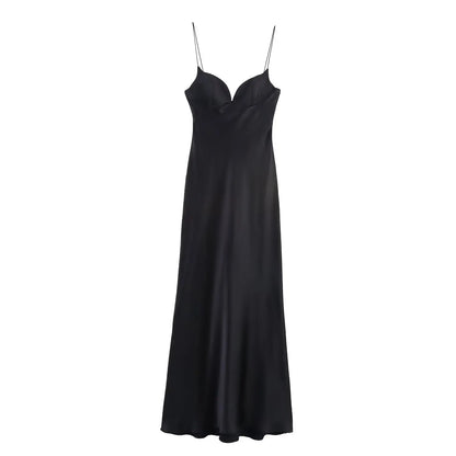 2025 Women Red V-Neck Holiday Style Satin Texture Long Dress Sleeveless Summer Women's Back Zipper Fashion Sling Dresses